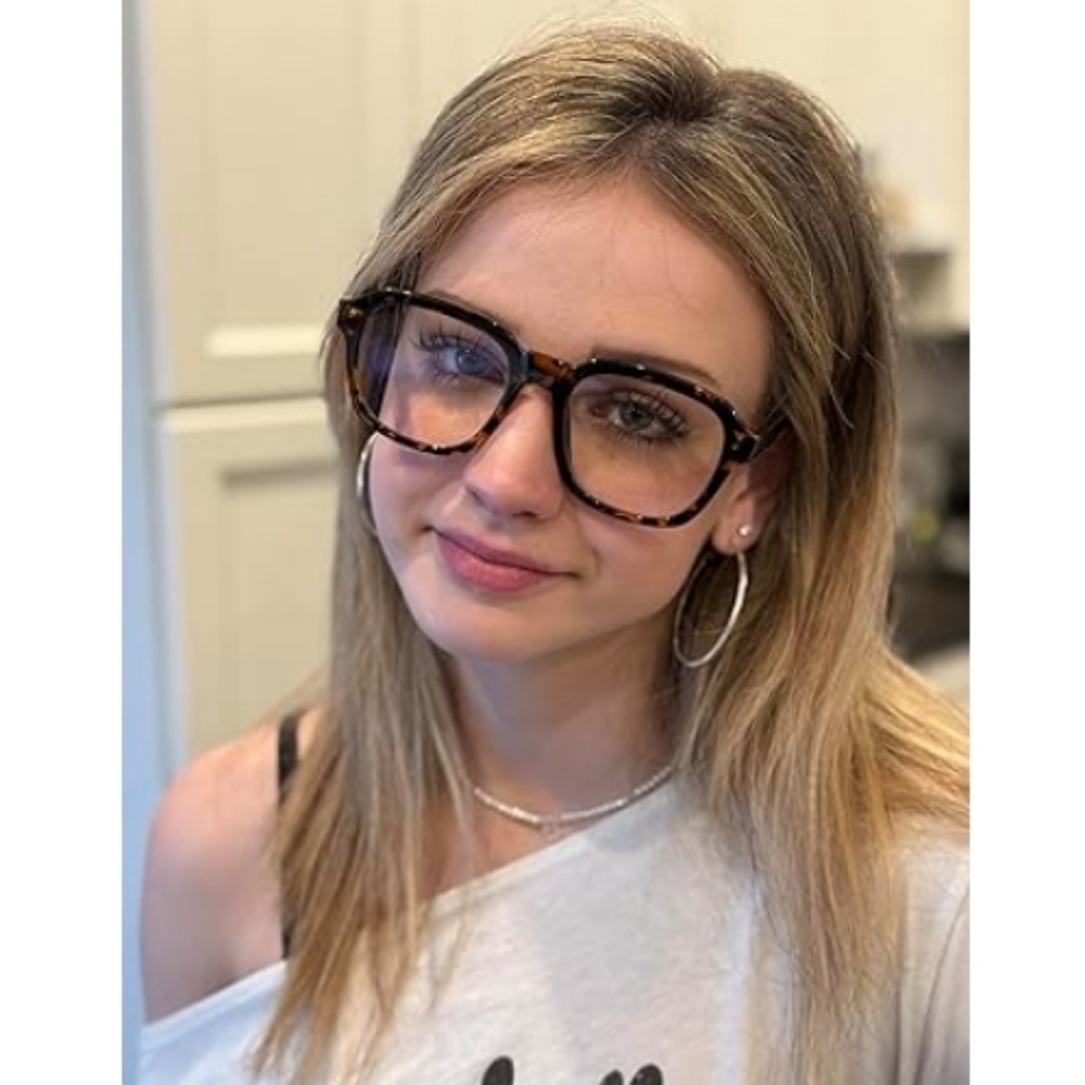 Oversized Square Blue Light Blocking Glasses Computer Tortoise Frame Eyeglasses - Picture 4 of 9